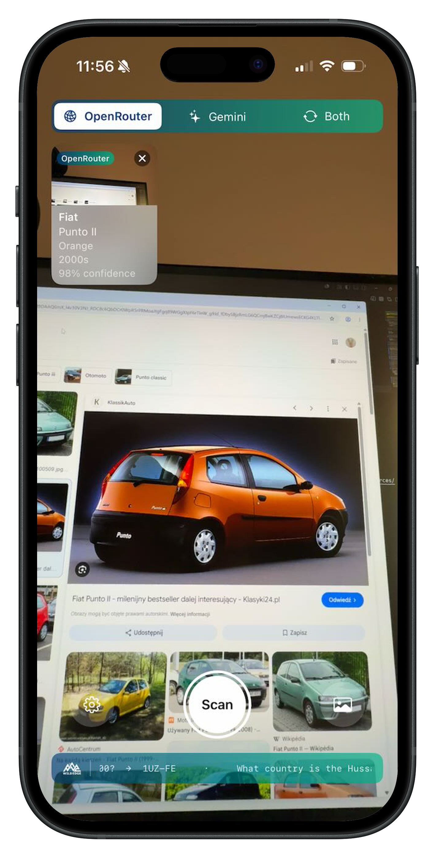 CarScanner result via OpenRouter, overlay showing "Fiat Punto II · Orange · 2000s · 98% confidence"