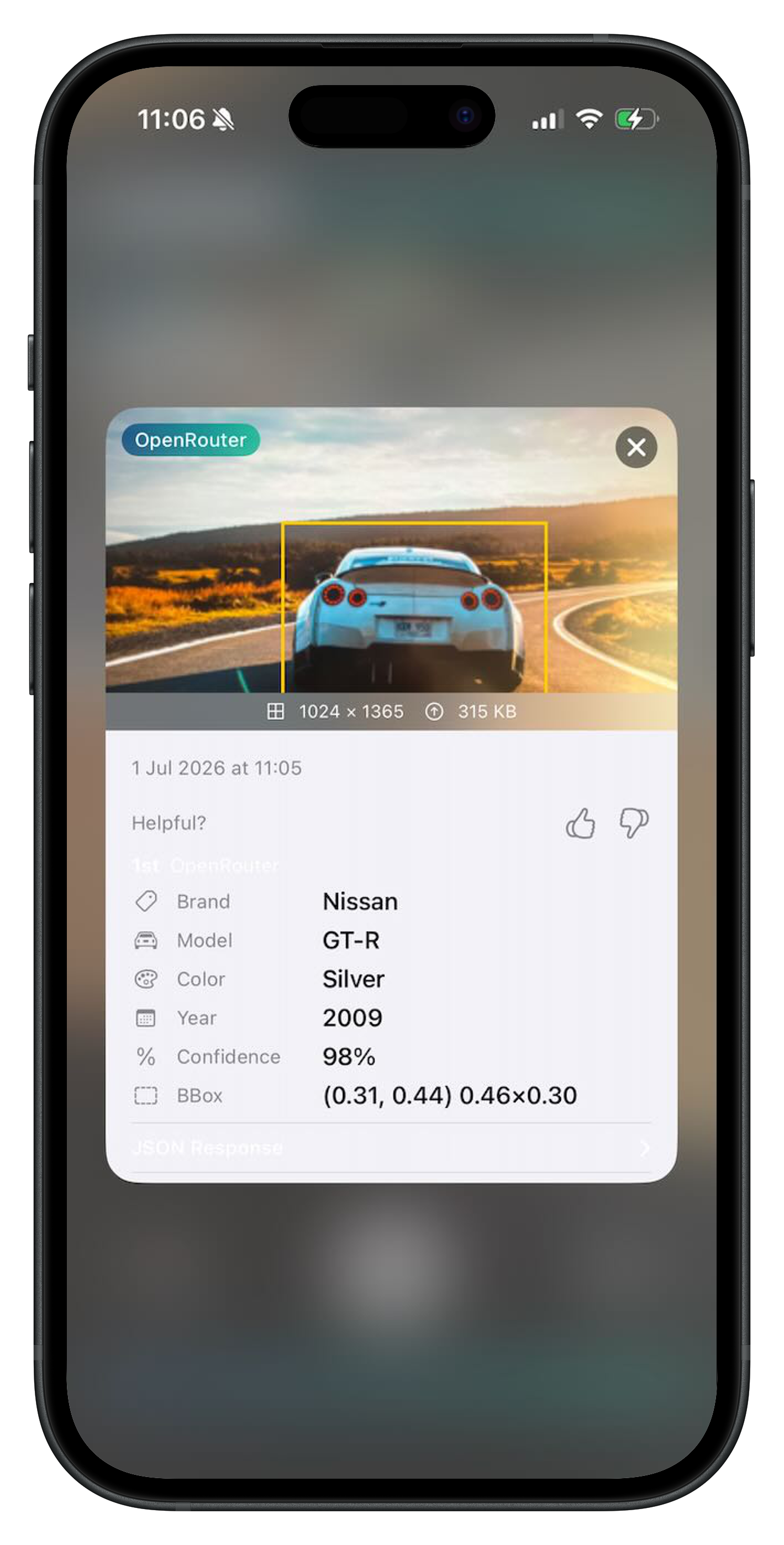 CarScanner result via OpenRouter recognizing a Nissan GT-R