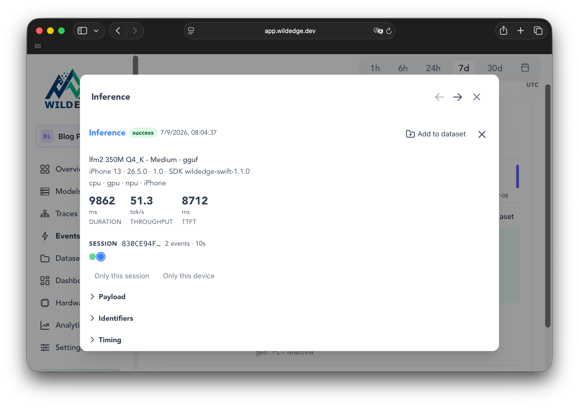 WildEdge Inference event showing 9862ms duration, 51.3 tok/s throughput, and 8712ms TTFT