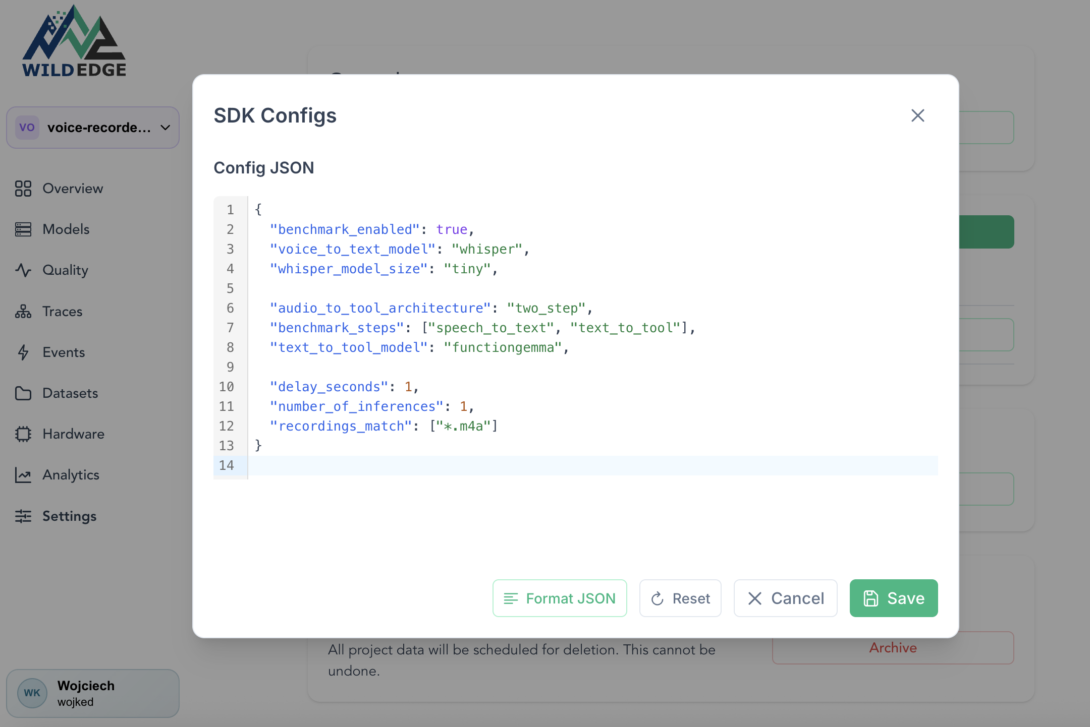 WildEdge SDK remote configuration for the speech-to-tool benchmark, showing active configuration keys for selected model and prompt